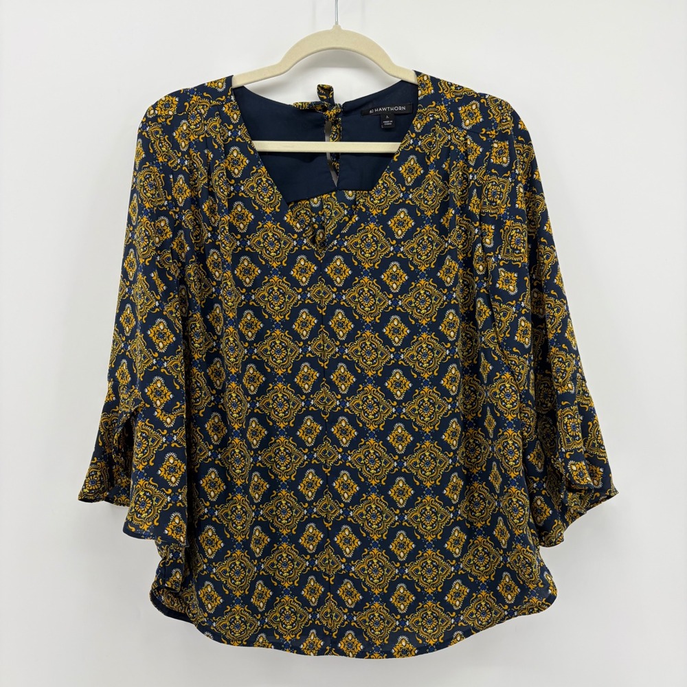 41 Hawthorne Womens Blue Yellow Paisley Print Bell Sleeve Tie Neck Blouse Size L